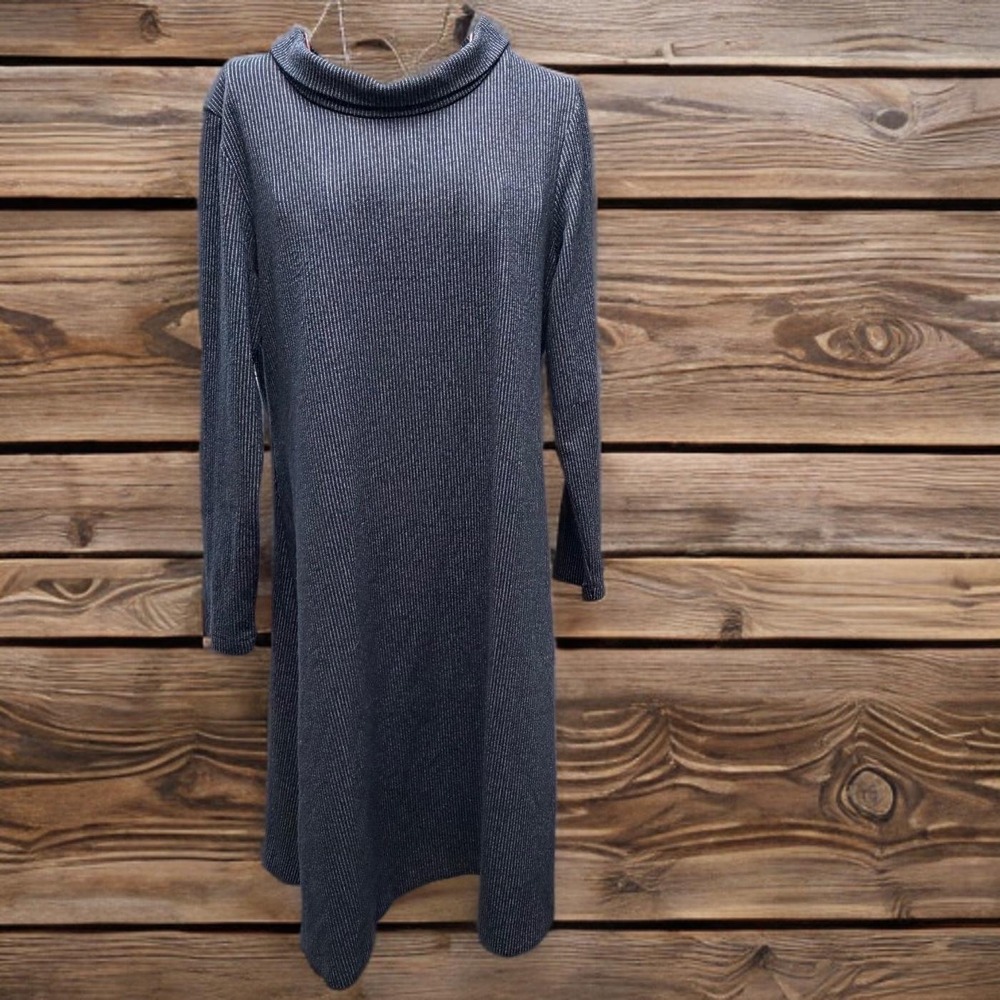 MaxMara Pinstripe Mock Neck Flare Dress Long Sleeve Blue‎ Stripe Small Medium